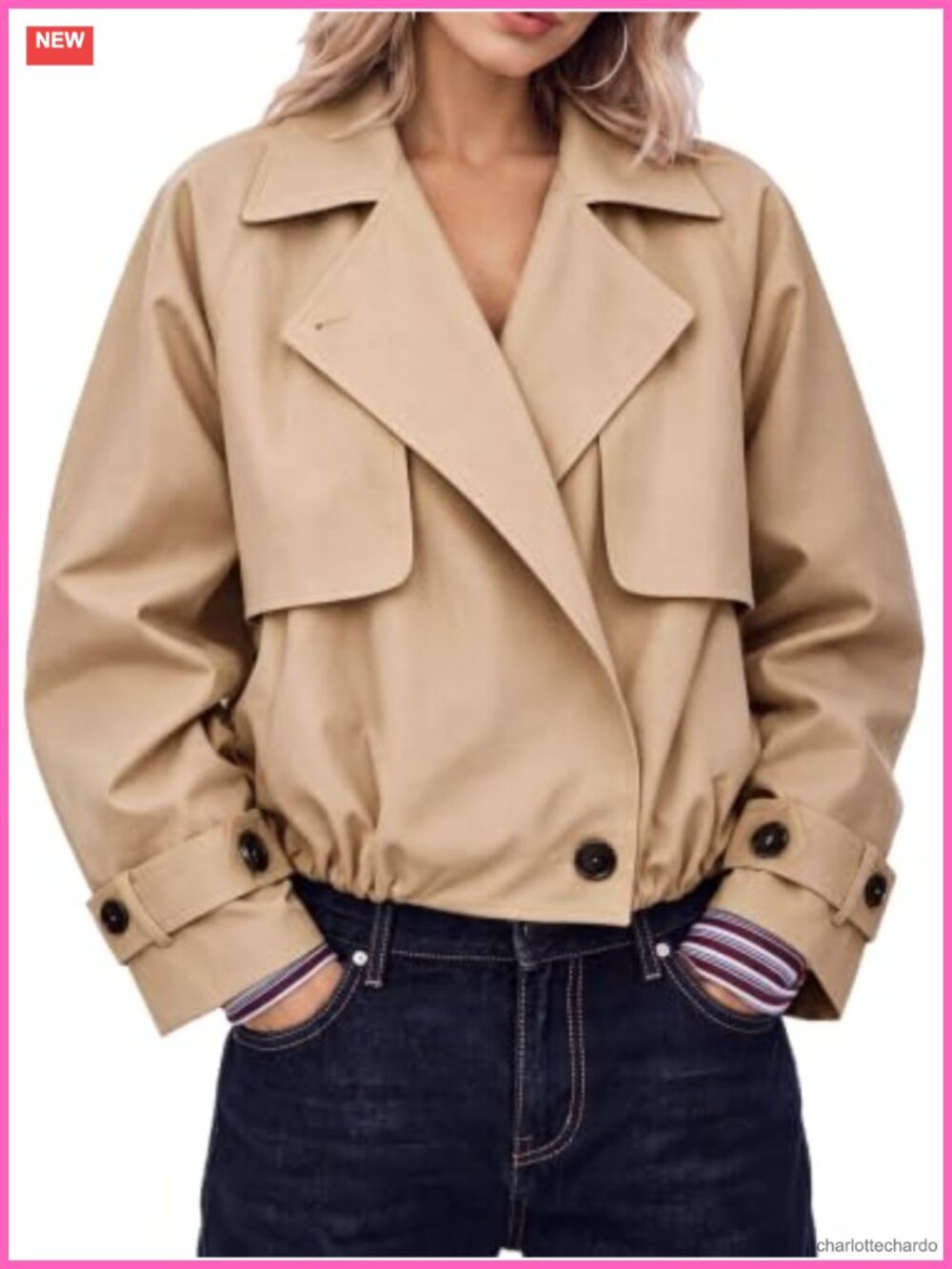 Womens Cropped Trench Coat Lapel Long Sleeve Woven Jacket